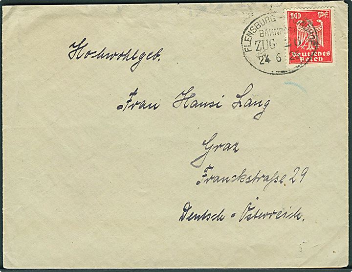 10 pfg. på brev annulleret med bureaustempel Flensburg - Rundhof Bahnpost Zug 26 d. 24.6.1925 til Graz, Østrig.
