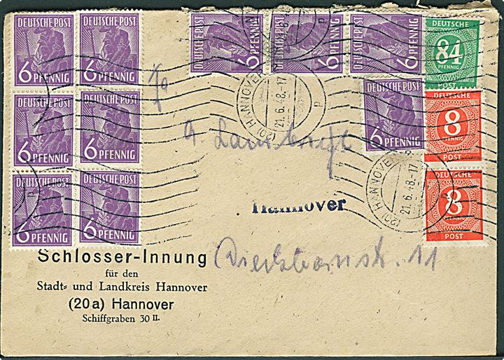 160 pfg. blandingsfrankeret Zehn-fach frankeret lokalbrev i Hannover d. 21.6.1948.