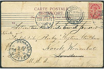 10 øre Våben på brevkort fra Kjøbenhavn d. 23.3.1905 til sømand ombord på det norske fuldskib Ruby i London, England - eftersendt til Pensacola, USA.