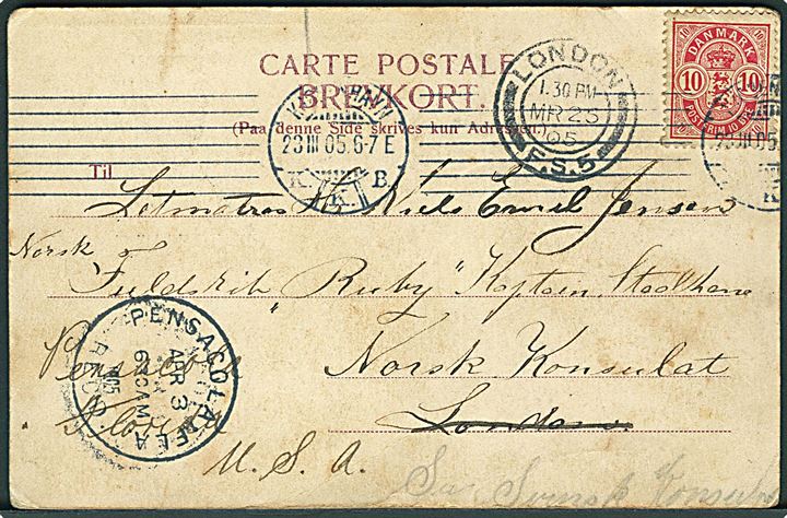 10 øre Våben på brevkort fra Kjøbenhavn d. 23.3.1905 til sømand ombord på det norske fuldskib Ruby i London, England - eftersendt til Pensacola, USA.