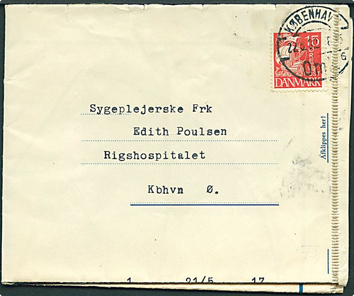 15 øre Karavel på DFDS Radiobrev formular K.3572.11.31.100Bl. sendt lokalt i København d. 22.5.1932. Meddelelse fra M/S Lalandia via provisnbaaden S/S Kjøbenhavn.