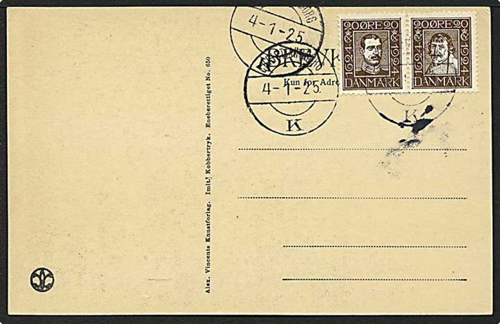 20 øre Postjubilæum i vandret sammentryk par på uadresseret brevkort annulleret med særstempel Christiansborg K. d. 4.1.1925.