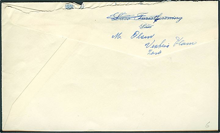 30 øre Fr. IX på brev fra Vesterø Havn på Læsø annulleret Frederikshavn d. 6.10.1956 og sidestemplet Læsø - Frederikshavn til København. Kuvert afkortet i venstre side.