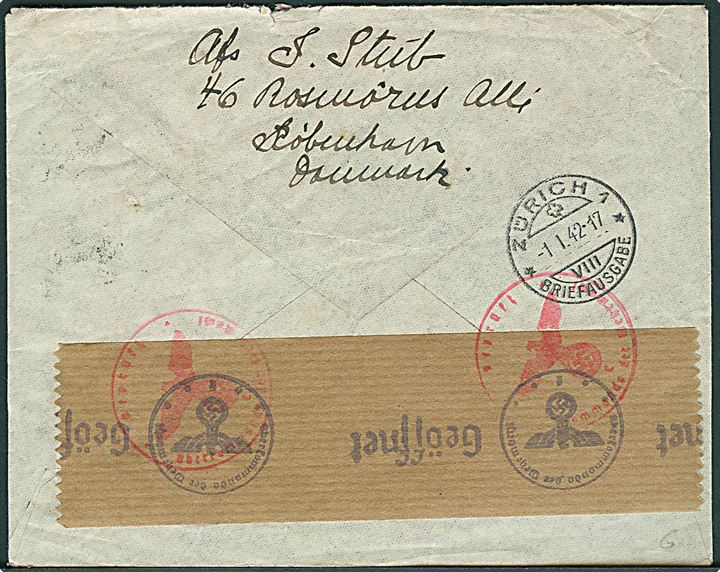 1 kr. Luftpost single på anbefalet luftpostbrev fra København d. 24.12.1941 til Zürich, Schweiz. Åbnet af tysk censur i Frankfurt.