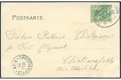 5 pfg. Germania på brevkort (Mindesmærket ved Dybbøl) annulleret med bureaustempel Flensburg - Sonderburg Bahnpost Zug 902 d. 18.6.1902 til Christiansfeld.