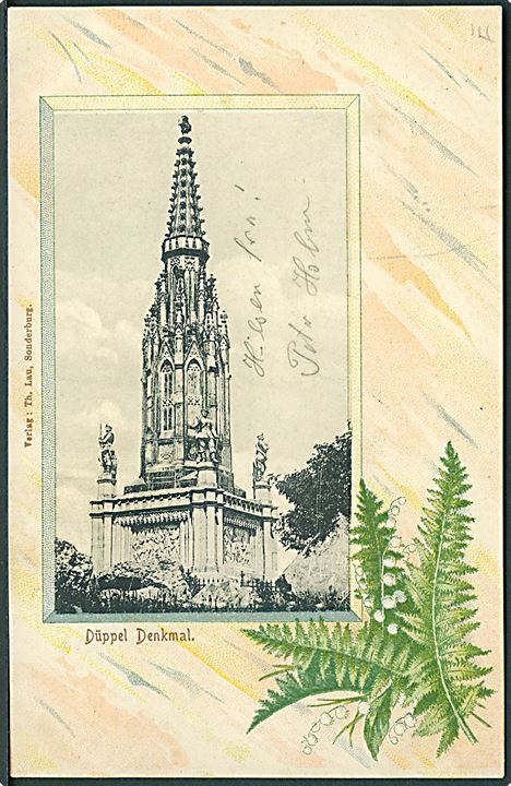 5 pfg. Germania på brevkort (Mindesmærket ved Dybbøl) annulleret med bureaustempel Flensburg - Sonderburg Bahnpost Zug 902 d. 18.6.1902 til Christiansfeld.