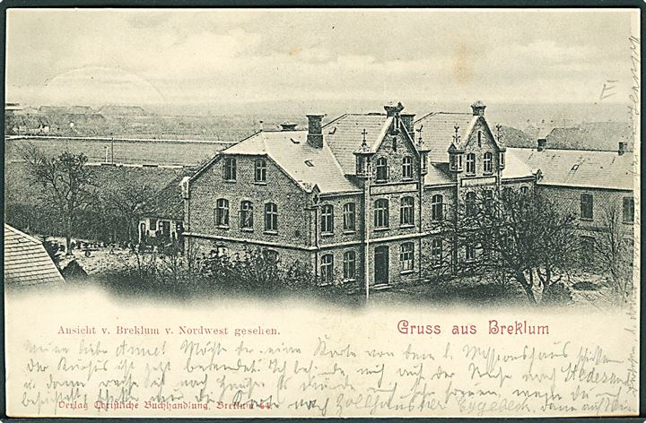 5 pfg. på brevkort (Gruss aus Breklum) annulleret med bureaustempel Hamburg - Hoyerschleuse Bahnpost Zug 1008 d. 30.7.1900 til Toftlund.
