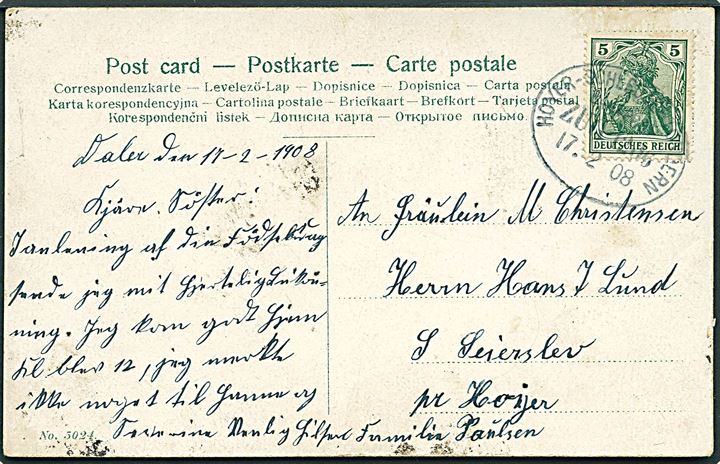 5 pfg. Germania på brevkort fra Daler annulleret med bureaustempel Hoyer-Schleuse - Tondern Bahnpost Zug 1206 d. 17.2.1908 til S. Seierslev pr. Højer.
