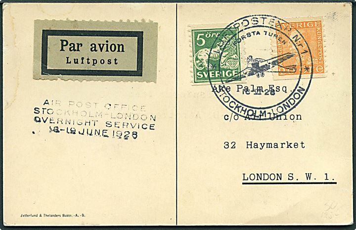 5 öre Løve og 20 öre Gustaf på 1.-flyvningsbrevkort stemplet Luftpostexp. N:r 1 * Stockholm - London d. 18.6.1928 til London, England.