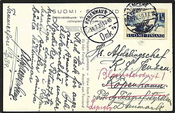 1 1/4 mk. Postjubilæum på brevkort fra Tampere d. 12.7.1939 til København, Danmark - eftersendt til Lyngby.