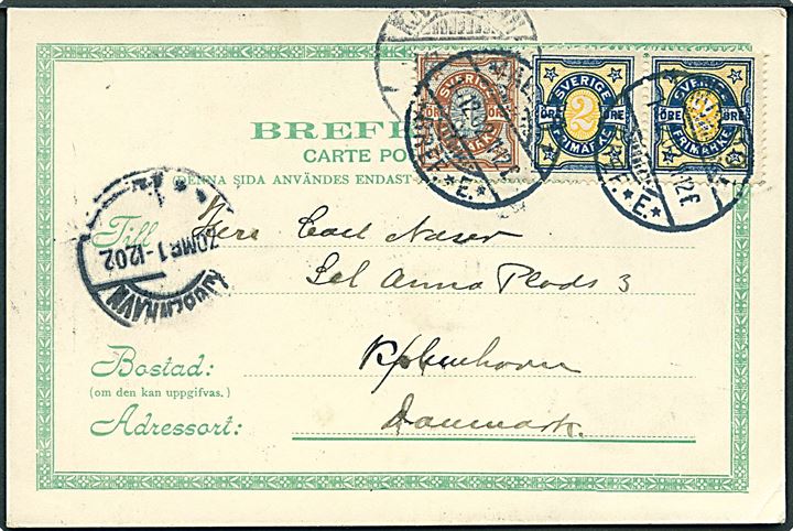 1 öre og 2 öre (par) Ciffer på fortrykt brevkort fra KFUM i Malmö d. 1.12.1902 til København, Danmark