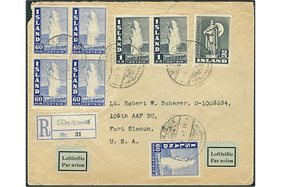 60 aur (5), 1 kr. (2) Geysir og 2 kr. Viking på luftpostbrev fra Reykjavik 1947 via New York til 105th Army Air Force Base Unit, Fort Slocum, USA.