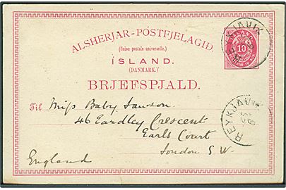 10 aur helsagsbrevkort annulleret med lapidar Reykjavik d. 25.6.1892 til London, England. Lille rift.