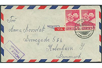 35 aur Hekla i parstykke på luftpostbrev fra Reykjavik d. 28.2.1949 til København, Danmark.