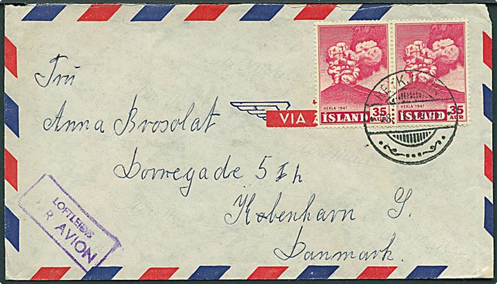 35 aur Hekla i parstykke på luftpostbrev fra Reykjavik d. 28.2.1949 til København, Danmark.