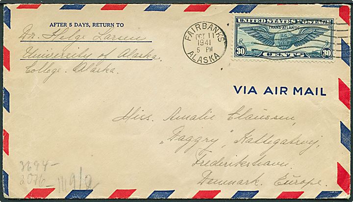 30 cents Winged Globe på luftpostbrev fra Fairbanks, Alaska d. 11.10.1941 til Frederikshavn, Danmark. Åbnet af tysk censur i Frankfurt.