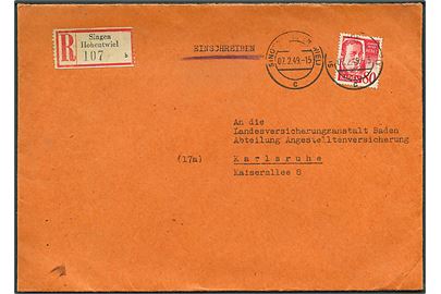 Baden. 80 pfg. Hebel single på anbefalet brev fra Singen d. 7.2.1949 til Karlsruhe. God frankatur.