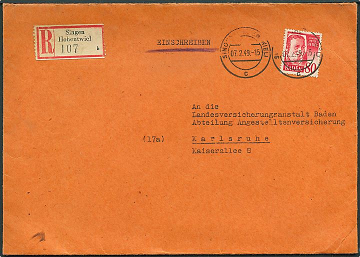 Baden. 80 pfg. Hebel single på anbefalet brev fra Singen d. 7.2.1949 til Karlsruhe. God frankatur.