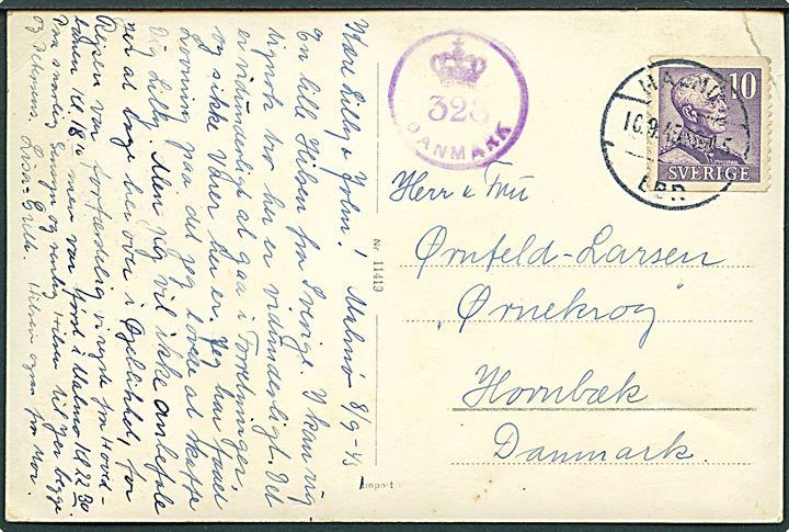 10 öre Gustaf på brevkort fra Malmö d. 10.9.1945 til Hornbæk, Danmark. Dansk efterkrigscensur (krone)/328/Danmark.