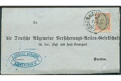 20 øre Tofarvet 5. tryk omv. rm. single på brev fra Kjøbenhavn d. 21.9.1880 til Stettin, Tyskland. Fuld indhold.