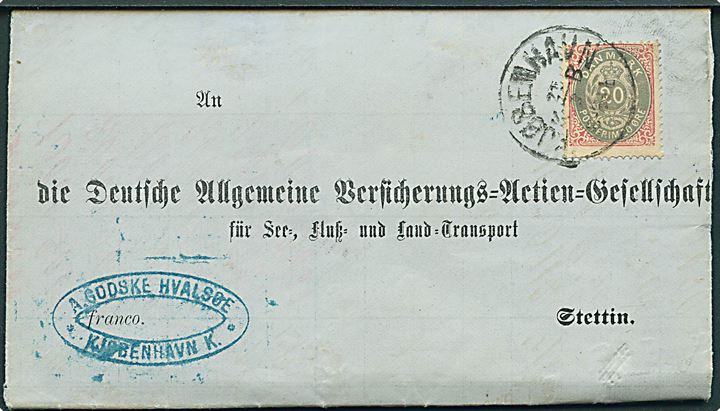 20 øre Tofarvet 5. tryk omv. rm. single på brev fra Kjøbenhavn d. 21.9.1880 til Stettin, Tyskland. Fuld indhold.