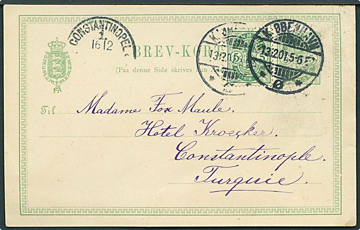 5 øre Våben helsagsbrevkort opfrankeret med 5 øre Våben fra Kjøbenhavn d. 13.12.1901 til Constantinopel, Tyrkiet. Ank.stemplet ved det tyske postkontor i Constantinopel.