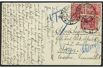 10 pfg. Germania (3) på underfrankeret brevkort fra Leipzig d., 21.9.1920 til militæradresse i Thun, Schweiz. Violet portostempel T cts
