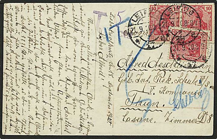 10 pfg. Germania (3) på underfrankeret brevkort fra Leipzig d., 21.9.1920 til militæradresse i Thun, Schweiz. Violet portostempel T cts