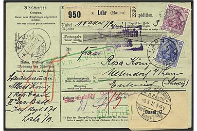 20 pfg. og 60 pfg. Germania på adressekort for pakke fra Lahr d. 8.5.1917 via Basel til Uetendorf, Schweiz. Interessant militær-afsender.