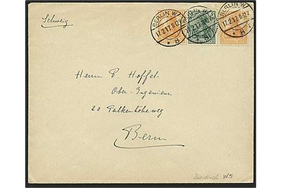 7½ pfg. og 7½+5 pfg. Germania sammentryk på pænt brugsbrev fra Berlin d. 17.2.1917 til Bern, Schweiz. Bagklap mangler.