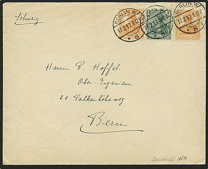7½ pfg. og 7½+5 pfg. Germania sammentryk på pænt brugsbrev fra Berlin d. 17.2.1917 til Bern, Schweiz. Bagklap mangler.