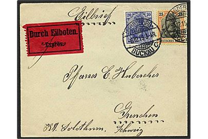 20 pfg. og 25 pfg. Germania på lille ekspresbrev fra Magdeburg-Burckau d. 8.12.1915 til Grenchen, Schweiz. Interessant frankeret feltpost fra tysk soldat. 