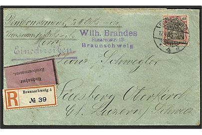 40 pfg. Germania single på anbefalet brev med postopkrævning fra Braunschweig d. 17.4.1905 til Oberkirch, Schweiz.