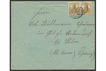 15 pfg. Germania i par (fra ark) på brev fra Bluni.. (Holstein) d. 21.2.1917 til Untendorf, Schweiz. Sjælden frankering.