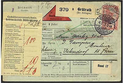 1 mk. Reichpostamt single på adressekort for pakke fra Grafrath (Kr. Solingen) d. 8.12.1913 via Basel til Uetendorf, Schweiz.