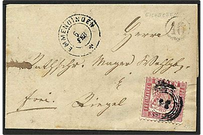 1863. 3 kreuzer single på brev annulleret med nummerstempel 36 og sidestemplet Emmendingen d. 6.2.1863 med svagt tandhjul-stempel 16.