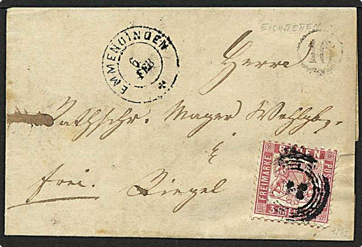 1863. 3 kreuzer single på brev annulleret med nummerstempel 36 og sidestemplet Emmendingen d. 6.2.1863 med svagt tandhjul-stempel 16.