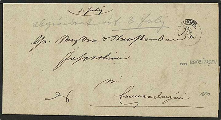 1850. Præfil brev fra Krozingen d. 10.6.1850 til Emmendingen. Ank.stempel på bagsiden.