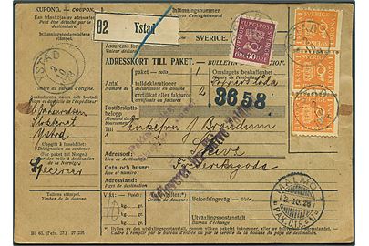 60 öre og 1 kr. (3-stribe) Posthorn på internationalt adressekort for pakke fra Ystad d. 2.10.1928 via Malmö og Kjøbenhavn til Skive, Danmark.