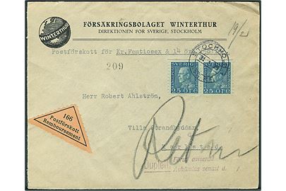25 öre Gustaf i parstykke på brev med opkrævning fra Stockholm d. 31.1.1929 til Karlstad.