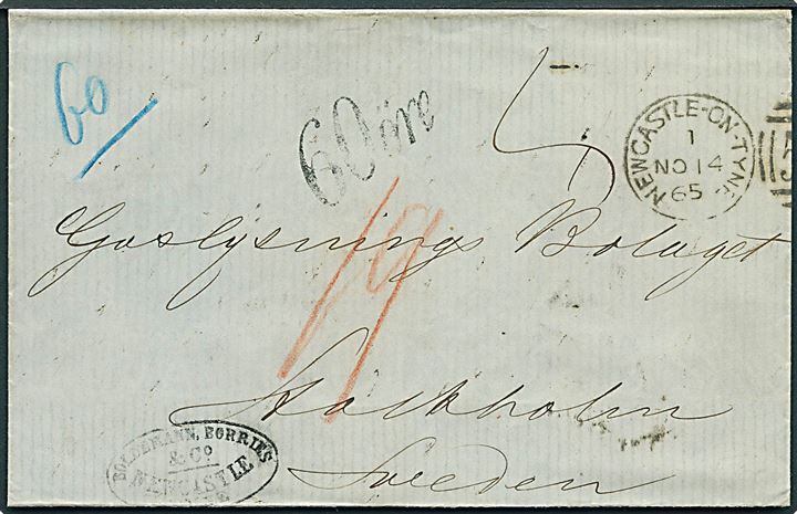 1865. Ufrankeret portobrev fra Newcastle on Tyne d. 14.11.1865 via London og K.D.O.P.A. Lübeck til Stockholm, Sverige. Svensk Lösen stempel: 60 öre.
