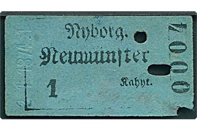 Dampskibsbillet: Nyborg - Neumünster 1 Kahyt med rammestempel Betalt på bagsiden.