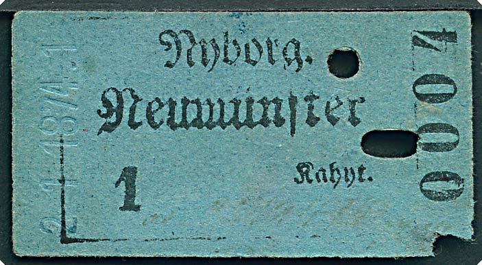 Dampskibsbillet: Nyborg - Neumünster 1 Kahyt med rammestempel Betalt på bagsiden.