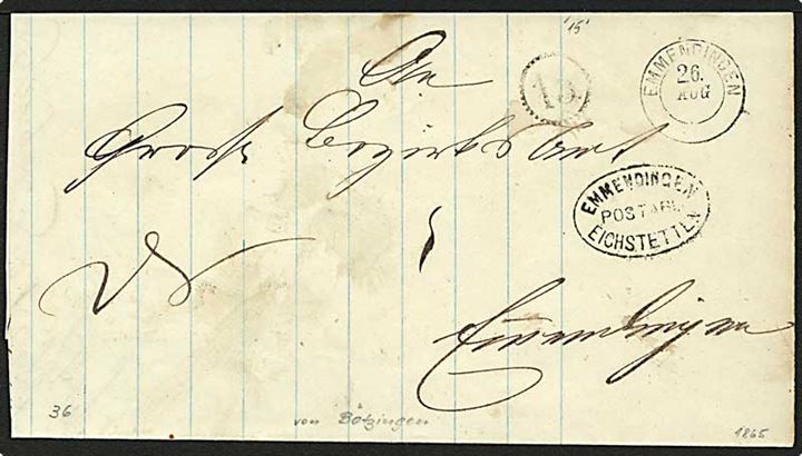 1865. Ufrankeret tjeneste korsbånd stemplet Emmendingen d. 20.8.1865 med ovalt postablage stempel: EMMENDINGEN POSTABL: EICHSTELLEN og tandhjul-stempel 15.