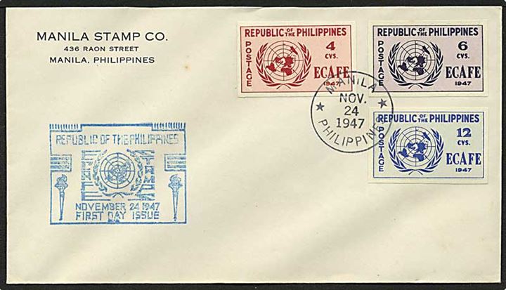 Komplet sæt FN ECAFE 1947 udg. utakket på uadresseret FDC stemplet Manila d. 24.11.1947