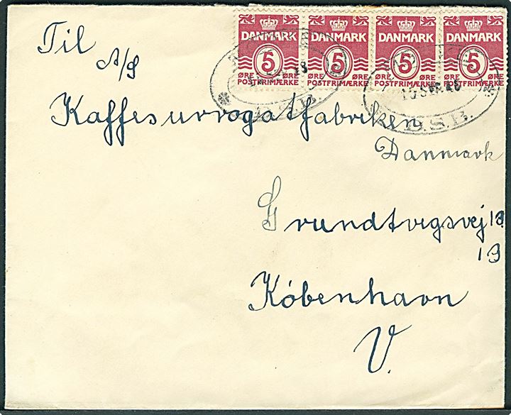 5 øre Bølgelinie (4) på brev annulleret med privat jernbanestempel MØRKE * D.S.B. * d. 15.9.1948 til København. Bagklap mgl.