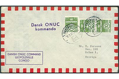 10 øre Bølgelinie (3) på luftpostbrev stemplet København d. 20.2.1962 og sidestemplet Dansk ONUC Kommando til Malmö, Sverige. Afs.-stempel: Danish ONUC Command Leopoldville Congo.