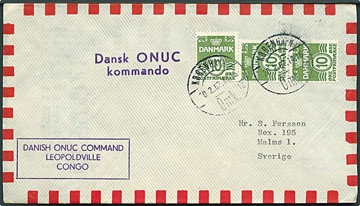 10 øre Bølgelinie (3) på luftpostbrev stemplet København d. 20.2.1962 og sidestemplet Dansk ONUC Kommando til Malmö, Sverige. Afs.-stempel: Danish ONUC Command Leopoldville Congo.
