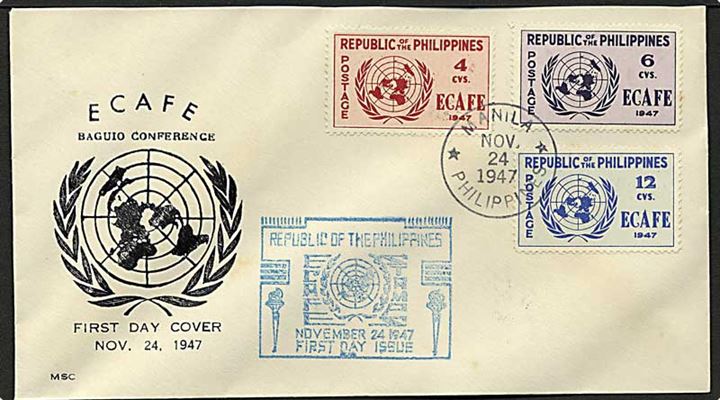 Komplet sæt FN ECAFE udg. takket på uadresseret FDC stemplet Manila d. 24.11.1947.