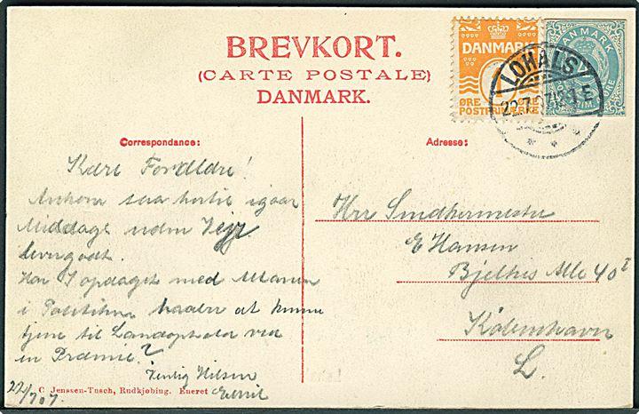 1 øre Bølgelinie og 4 øre helsagsaflkip som frankering på brevkort (Færgen i Lohals) fra Lohals d. 22.7.1907 til København.